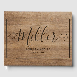 Rustic Wood Elegant Script Family Name Wedding Guest Book