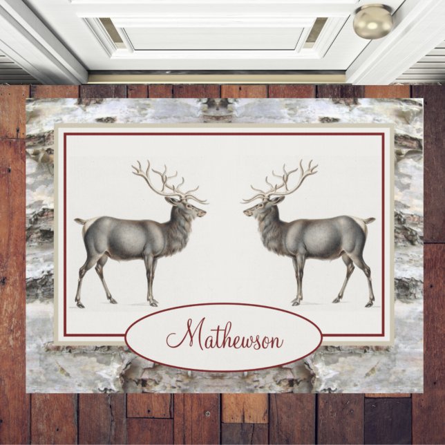 Rustic Wood Elk/ Reindeer Family Monogram tan grey Doormat (Creator Uploaded)