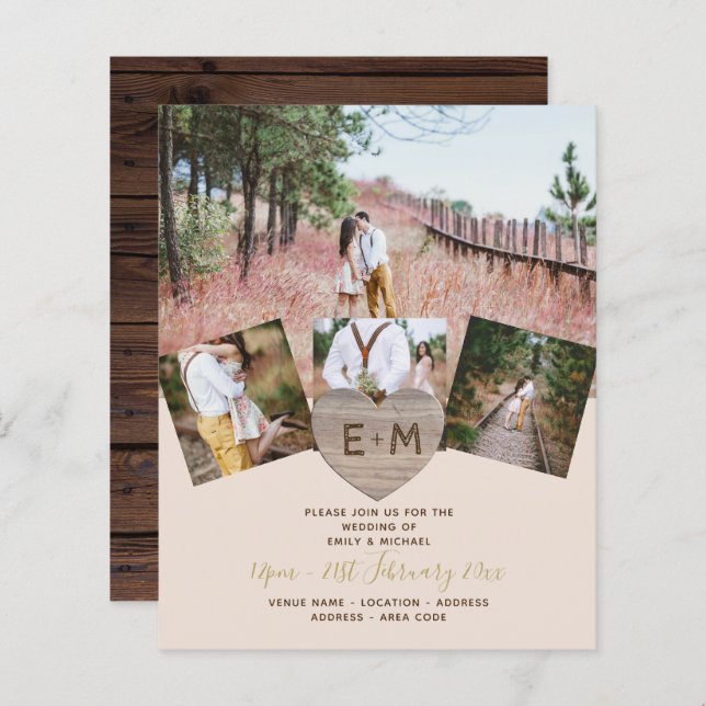 Rustic Wood Engraved Heart PHOTO COLLAGE BUDGET (Front/Back)