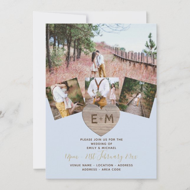 Rustic Wood Engraved Heart PHOTO COLLAGE  Invitati Invitation (Front)