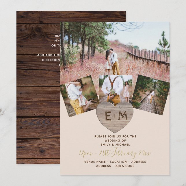 Rustic Wood Engraved Heart PHOTO COLLAGE   Invitation (Front/Back)