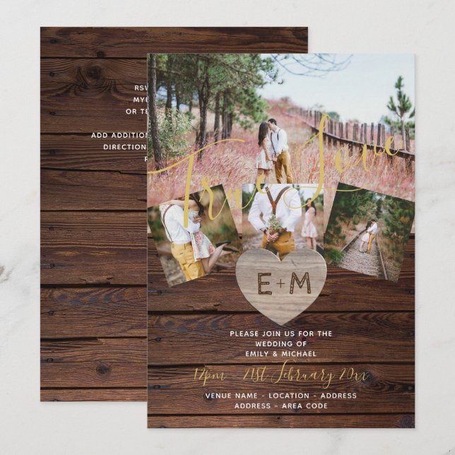 Rustic Wood Engraved Heart PHOTO COLLAGE WEDDING Invitation (Front/Back)