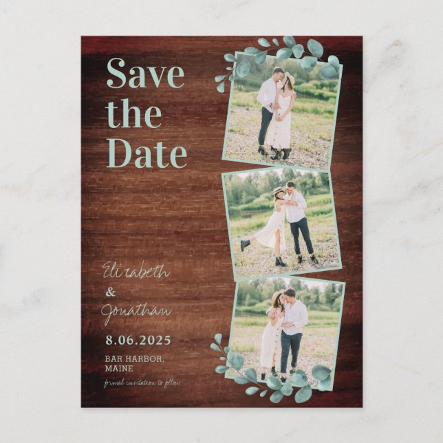 Rustic Wood Eucalyptus 3 Photo Save The Date Postcard (Front)