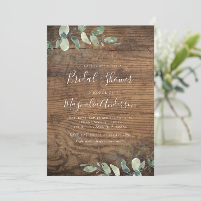 Rustic Wood Eucalyptus Bridal Shower Invitation (Standing Front)