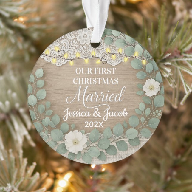 Rustic Wood & Eucalyptus First Christmas Married Ornament (Tree)