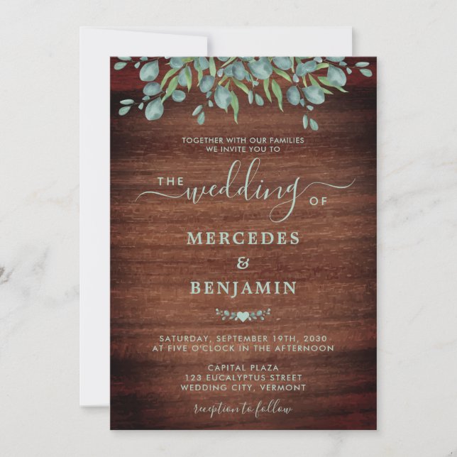 Rustic Wood Eucalyptus Greenery Foliage Wedding Invitation (Front)
