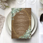 Rustic Wood Eucalyptus Greenery Gold Wedding Menu<br><div class="desc">The wedding menu options are framed with bouquets of eucalyptus greenery on a gold geometric frame. The back has a rustic wood background.</div>