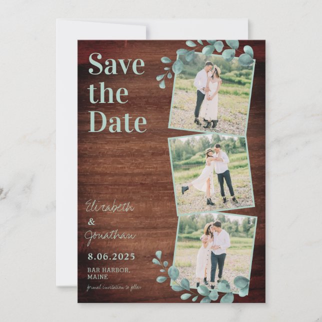 Rustic Wood Eucalyptus Greenery Photo Collage Save The Date (Front)