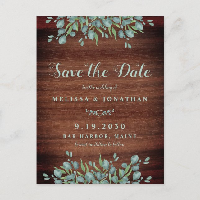 Rustic Wood Eucalyptus Greenery Save The Date Postcard (Front)