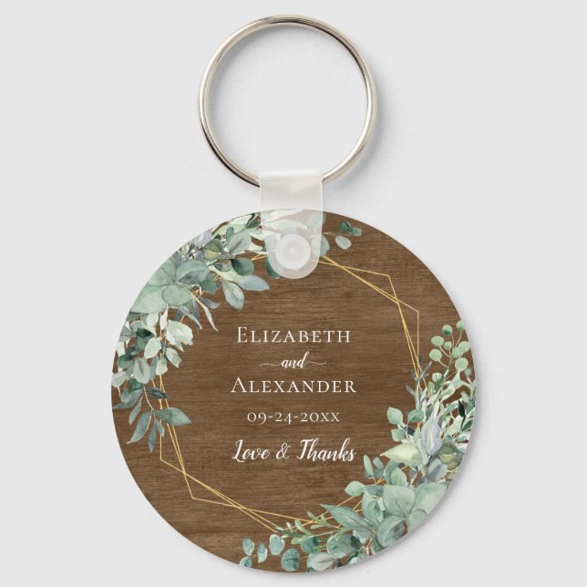 Rustic Wood Eucalyptus Greenery Watercolor Wedding Key Ring (Front)
