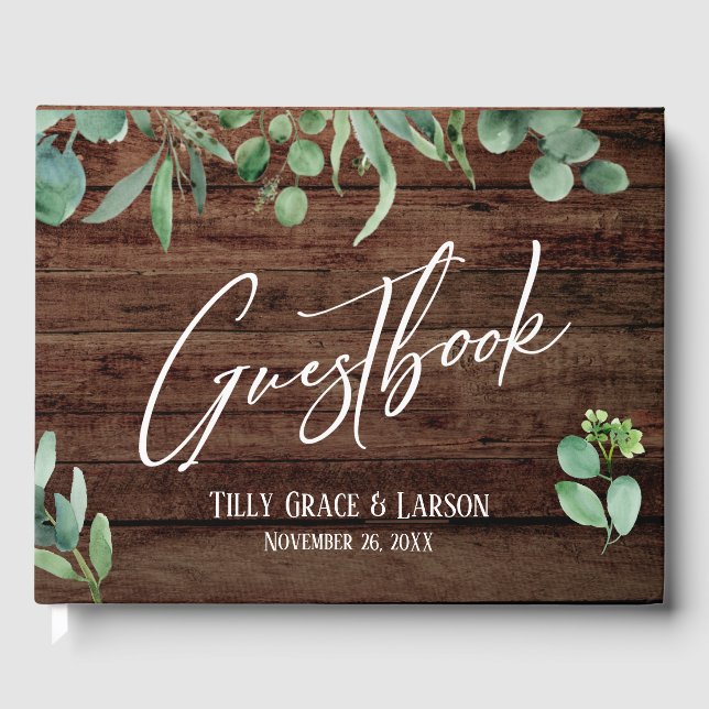 Rustic Wood Eucalyptus Handwriting Guestbook (Front)