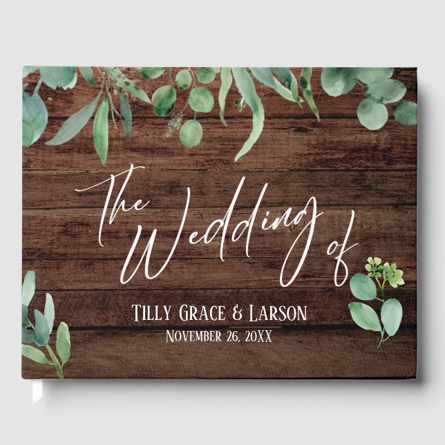 Rustic Wood Eucalyptus Handwriting Guestbook (Front)