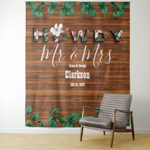 Rustic Wood Eucalyptus Howdy Mr Mrs Wall Backdrop Tapestry