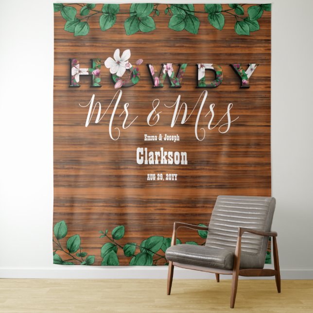 Rustic Wood Eucalyptus Howdy Mr Mrs Wall Backdrop Tapestry (In Situ)