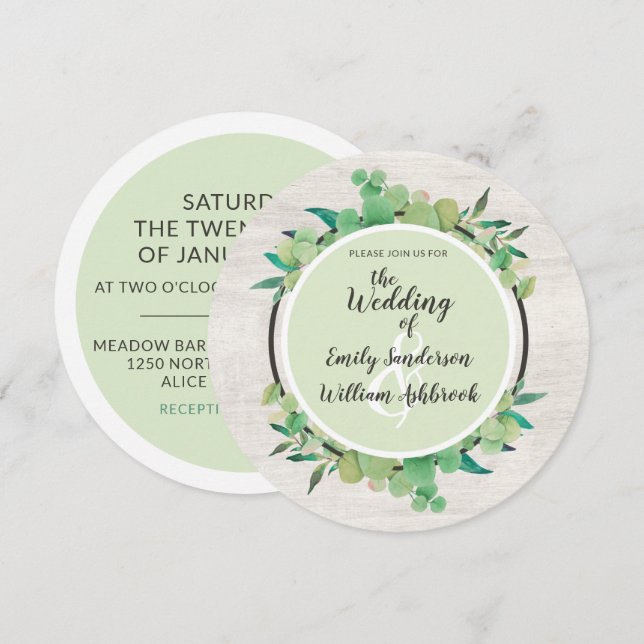 Rustic Wood & Eucalyptus Leaf Botanical Wedding Invitation (Front/Back)