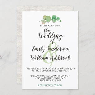 Rustic Wood & Eucalyptus Leaf Botanical Wedding Invitation