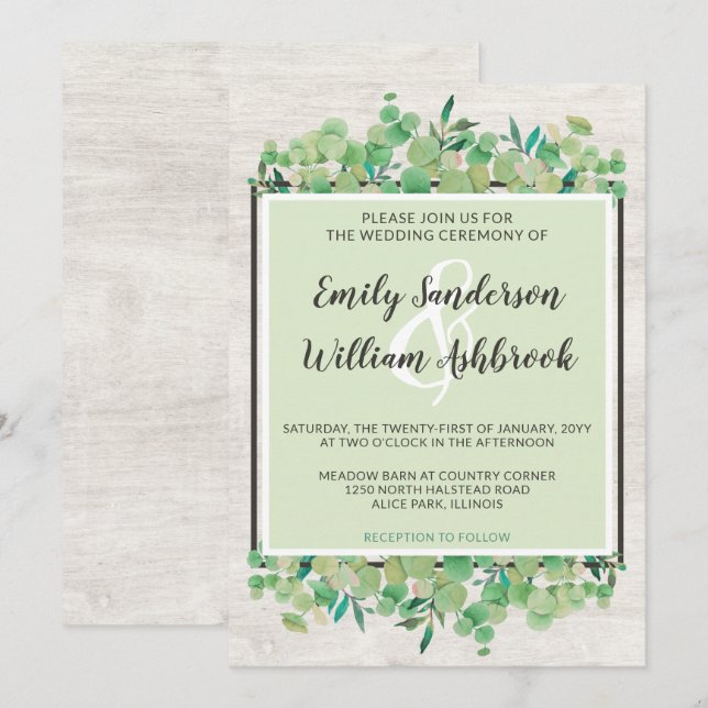 Rustic Wood & Eucalyptus Leaf Botanical Wedding Invitation (Front/Back)