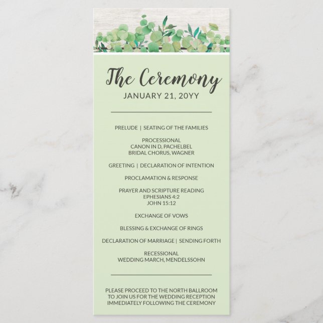 Rustic Wood & Eucalyptus Leaf Botanical Wedding Programme (Front)