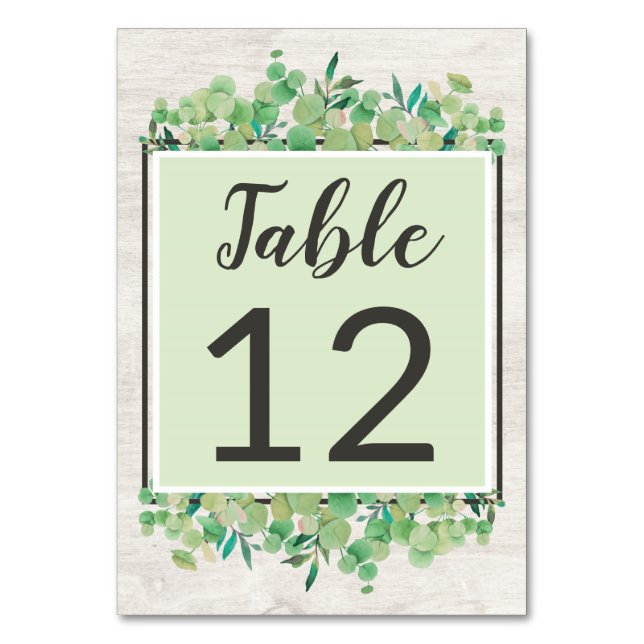 Rustic Wood & Eucalyptus Leaf Botanical Wedding Table Number (Front)