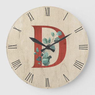 Rustic Wood & Eucalyptus Letter D  Large Clock