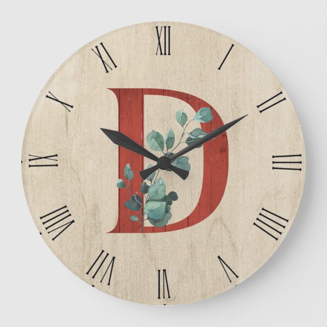 Rustic Wood & Eucalyptus Letter D  Large Clock (Front)