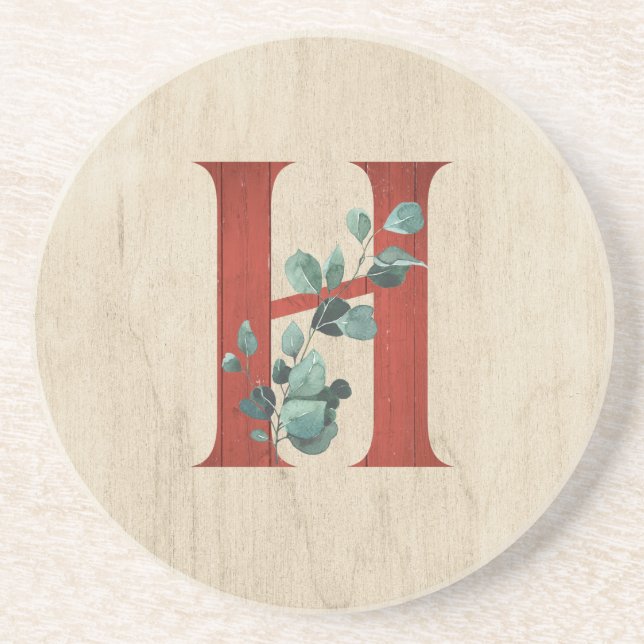 Rustic Wood & Eucalyptus Letter H  Coaster (Front)