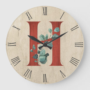 Rustic Wood & Eucalyptus Letter H  Large Clock