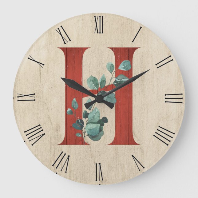 Rustic Wood & Eucalyptus Letter H  Large Clock (Front)
