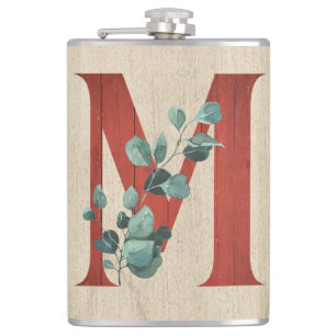Rustic Wood & Eucalyptus Letter M Hip Flask