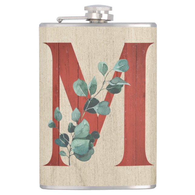 Rustic Wood & Eucalyptus Letter M   Hip Flask (Front)