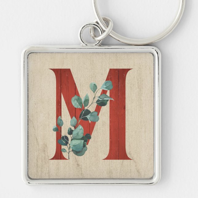 Rustic Wood & Eucalyptus Letter M  Key Ring (Front)