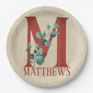 Rustic Wood & Eucalyptus Letter M Personalised   Paper Plate