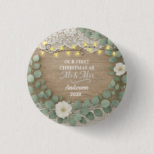 Rustic Wood & Eucalyptus Mr & Mrs Christmas 3 Cm Round Badge