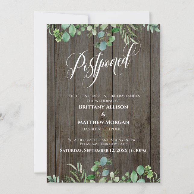 Rustic Wood & Eucalyptus Postponed Wedding Card (Front)