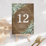 Rustic Wood Eucalyptus Wedding Large Table Number<br><div class="desc">Bouquets of watercolor eucalyptus greenery decorate the gold geometric frame on these larger sized rustic boho wedding botanical table numbers. The background is rustic wood texture.</div>