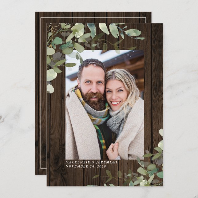 Rustic Wood Eucalyptus Wedding Photo Save the Date (Front/Back)