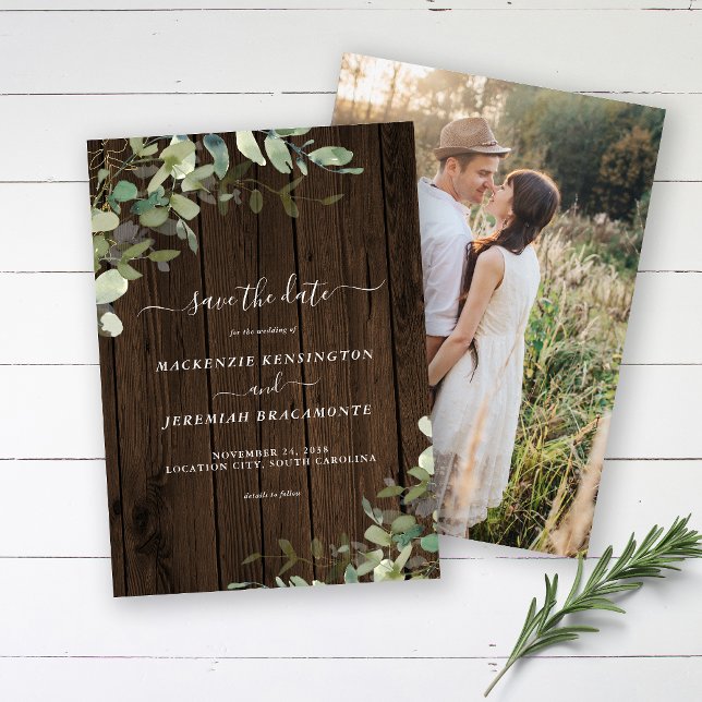 Rustic Wood Eucalyptus Wedding Photo Save the Date (Creator Uploaded)