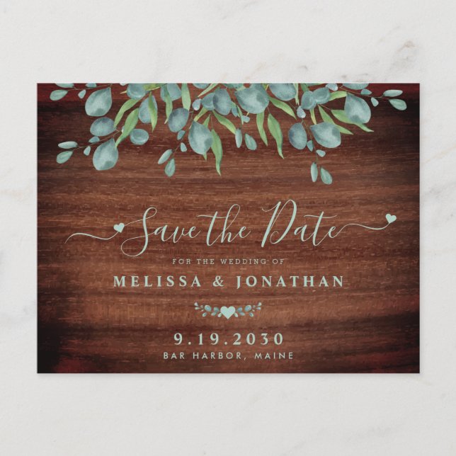 Rustic Wood Eucalyptus Wedding Save The Date Announcement Postcard (Front)