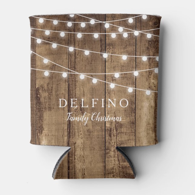 Rustic Wood Fairy Light Custom Holiday Party Beer Can Cooler (Front)
