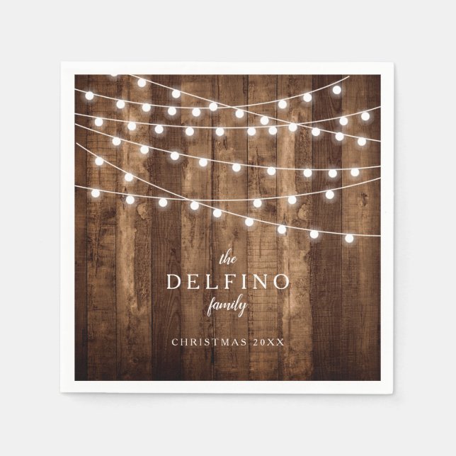 Rustic Wood Fairy Light Family Holiday Party Paper Napkin (Front)