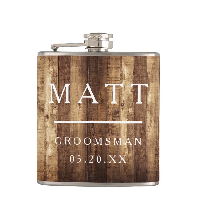 Rustic Wood & Fairy Lights Bridal Party Team Groom Hip Flask (Front)