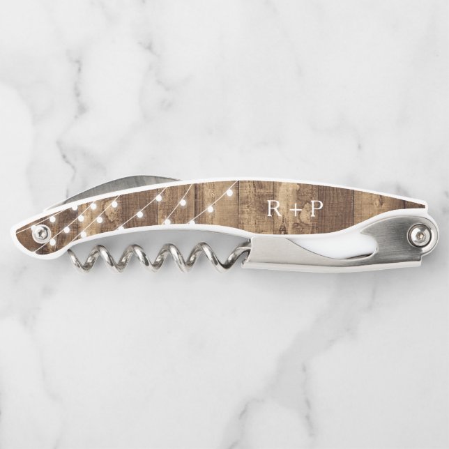 Rustic Wood & Fairy Lights Custom Wedding Favour Corkscrew (Back)