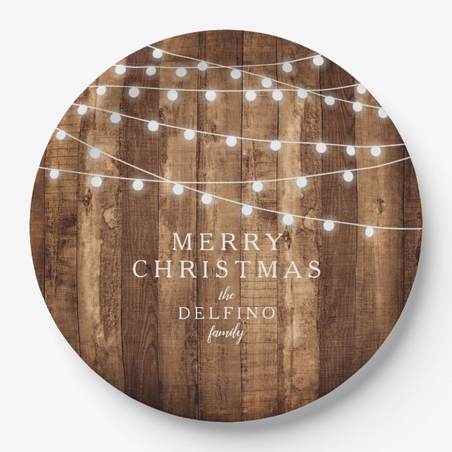 Rustic Wood & Fairy Lights Family Party Custom Paper Plate (Front)