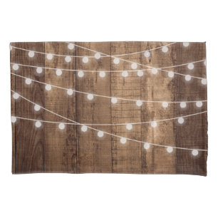 Rustic Wood & Fairy Lights Farmhouse Pillow Case