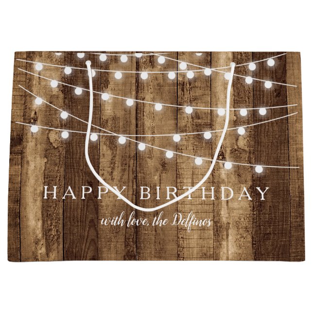 Rustic Wood & Fairy Lights Happy Birthday Custom Large Gift Bag (Front)