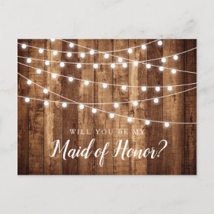 Rustic Wood & Fairy Lights Maid of Honour Proposal Postcard