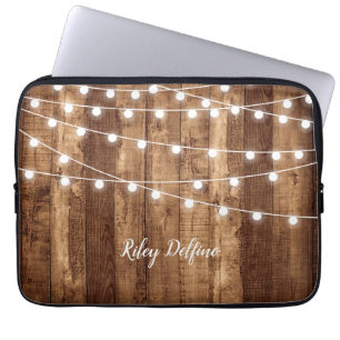 Rustic Wood & Fairy Lights Monogrammed Neoprene Laptop Sleeve