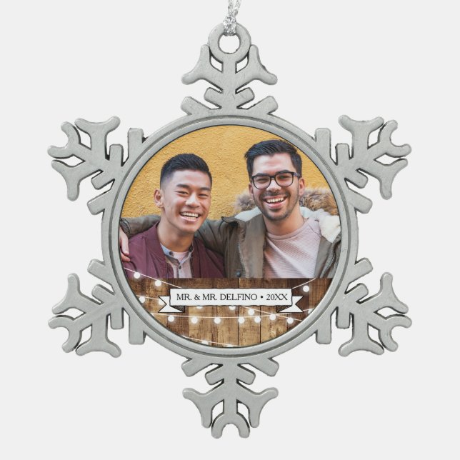 Rustic Wood Fairy Lights Newlywed Gay Wedding Snowflake Pewter Christmas Ornament (Front)