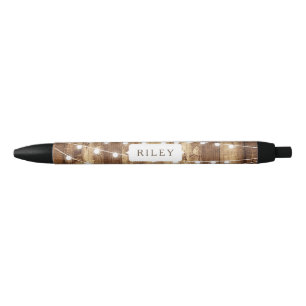 Rustic Wood & Fairy Lights Personalised Monogram Black Ink Pen