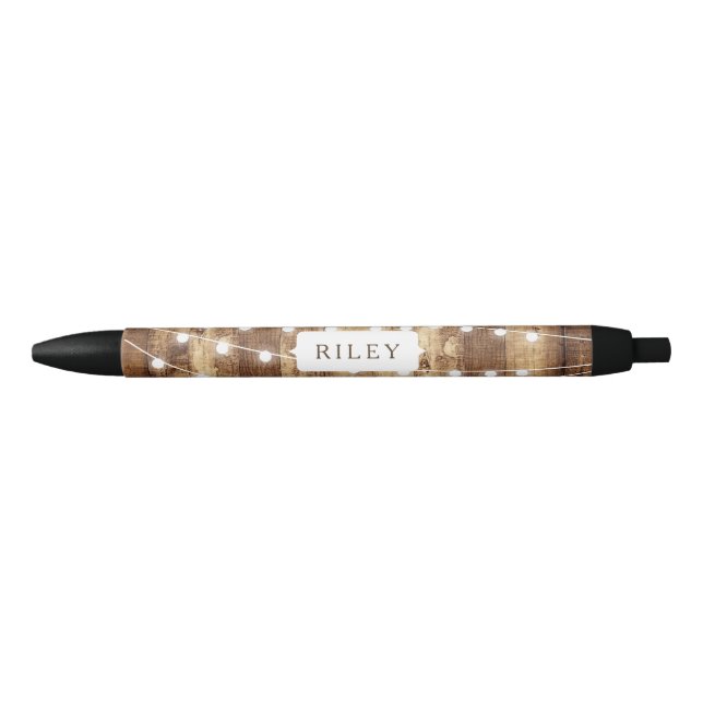 Rustic Wood & Fairy Lights Personalised Monogram Black Ink Pen (Front)